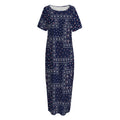 Blue Floral Patchwork Pattern Print Short Sleeve Long Nightdress