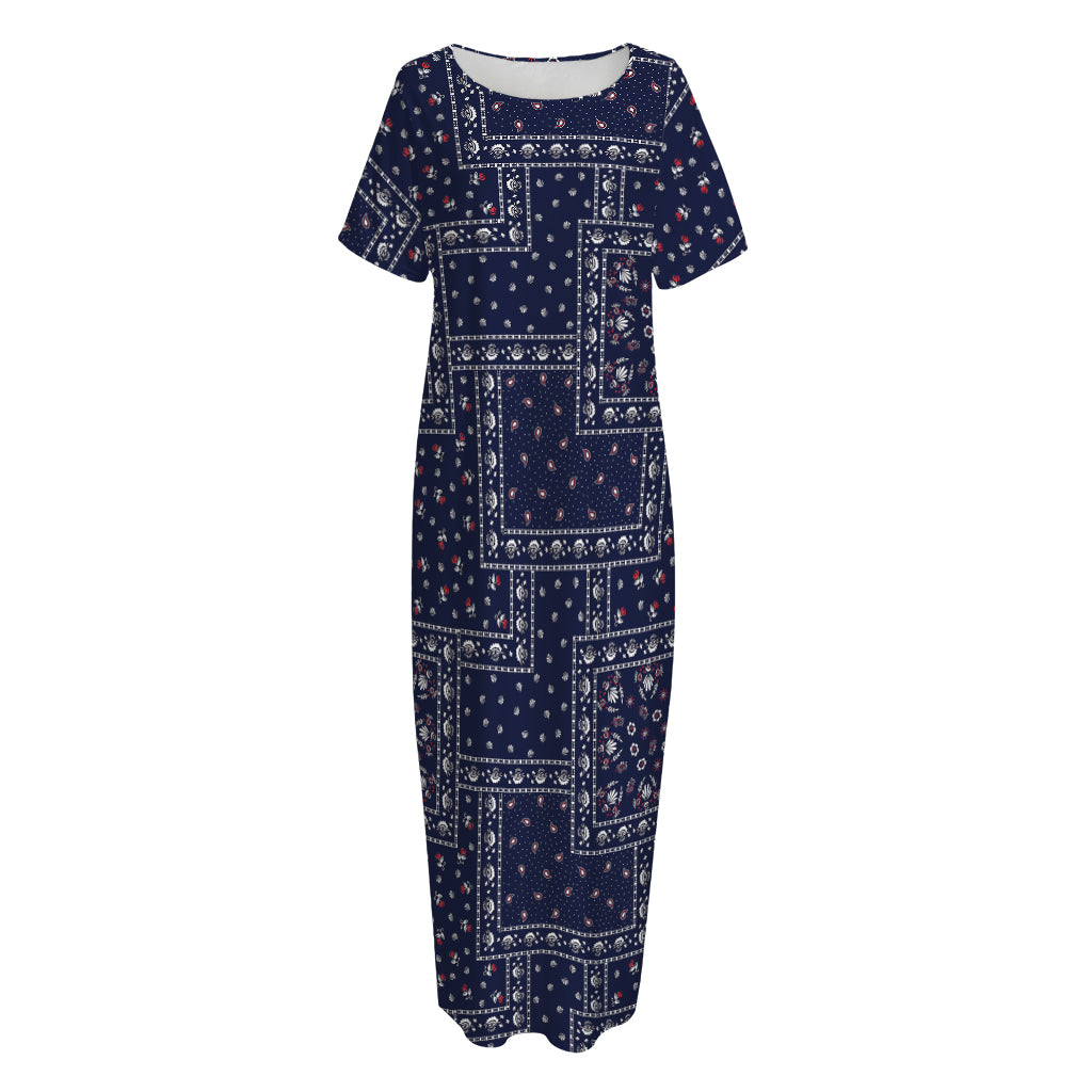 Blue Floral Patchwork Pattern Print Short Sleeve Long Nightdress