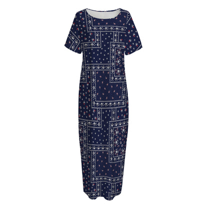 Blue Floral Patchwork Pattern Print Short Sleeve Long Nightdress