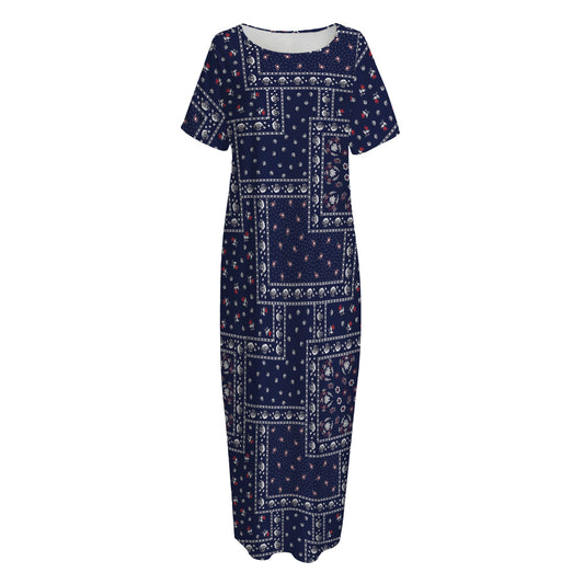 Blue Floral Patchwork Pattern Print Short Sleeve Long Nightdress