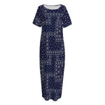 Blue Floral Patchwork Pattern Print Short Sleeve Long Nightdress