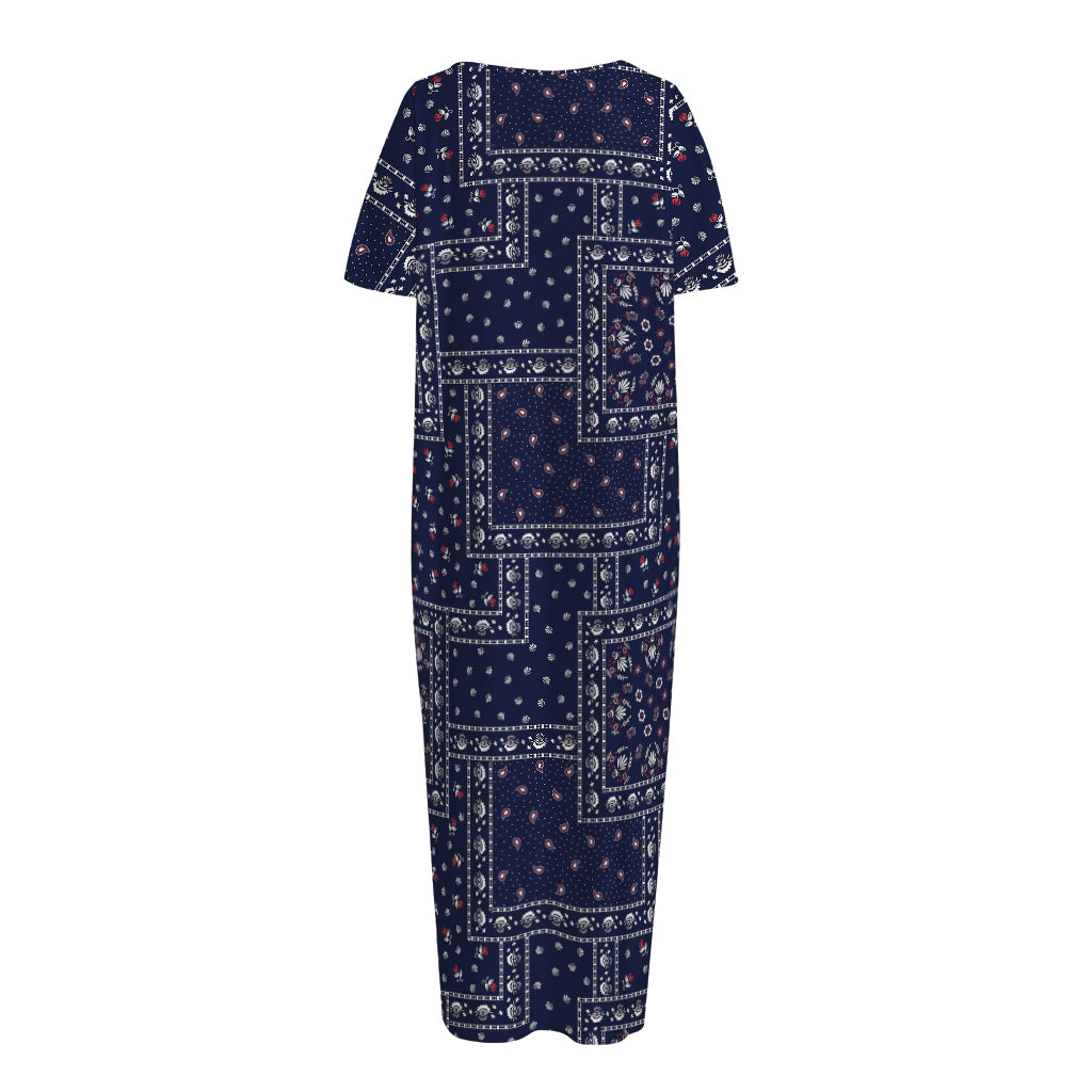Blue Floral Patchwork Pattern Print Short Sleeve Long Nightdress