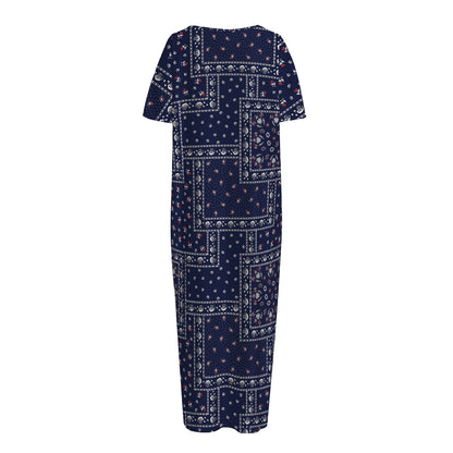 Blue Floral Patchwork Pattern Print Short Sleeve Long Nightdress