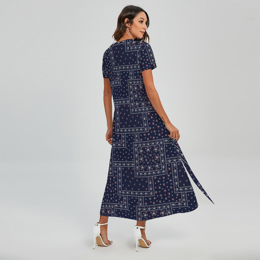 Blue Floral Patchwork Pattern Print Short Sleeve Maxi Dress