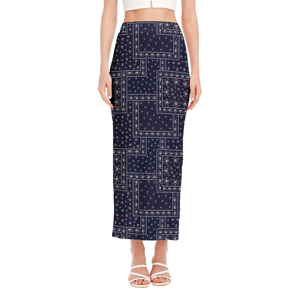 Blue Floral Patchwork Pattern Print Side Slit Maxi Skirt