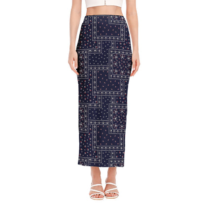 Blue Floral Patchwork Pattern Print Side Slit Maxi Skirt