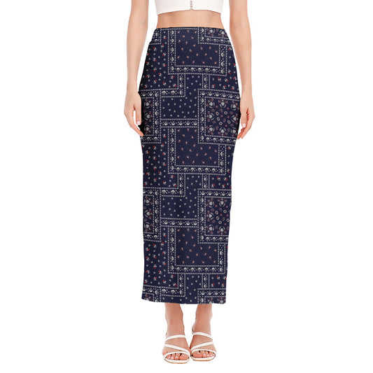 Blue Floral Patchwork Pattern Print Side Slit Maxi Skirt