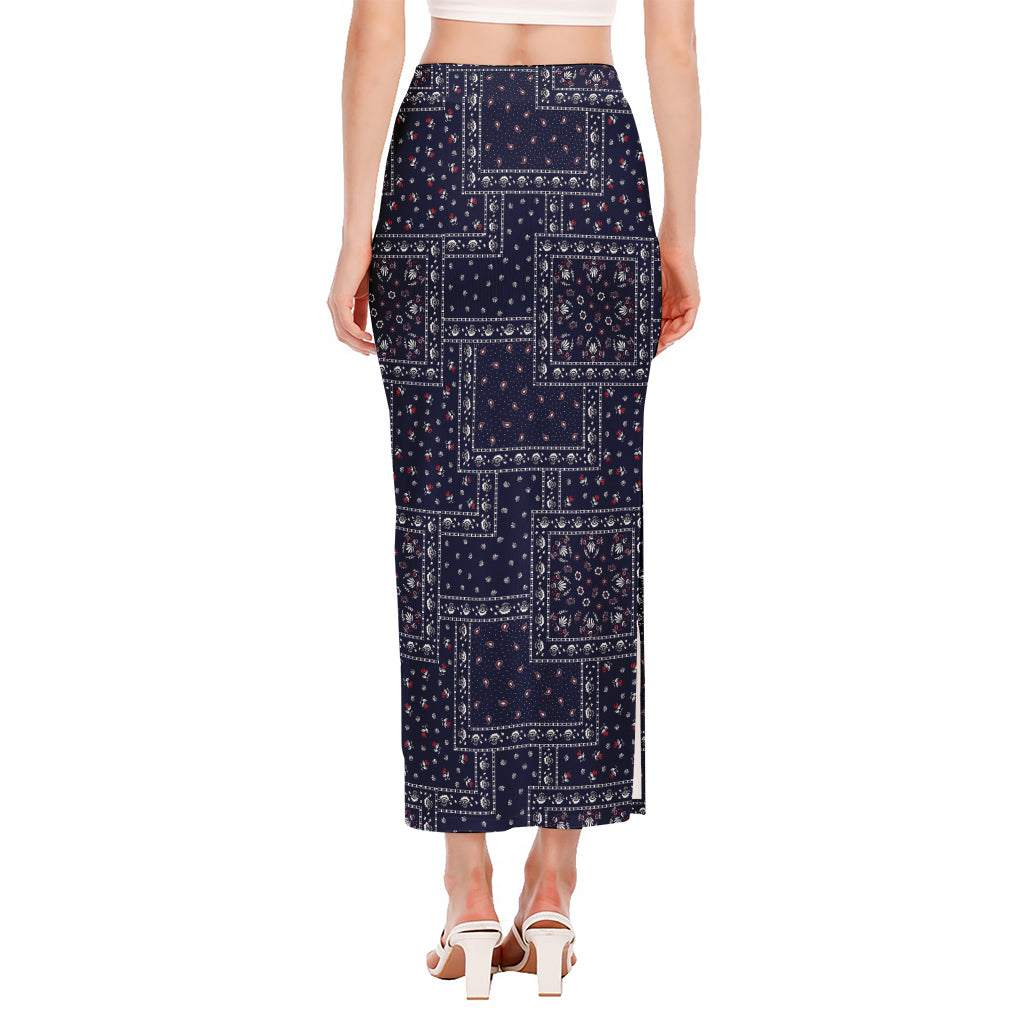 Blue Floral Patchwork Pattern Print Side Slit Maxi Skirt