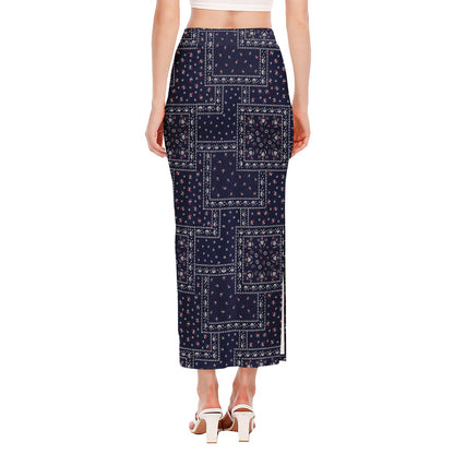 Blue Floral Patchwork Pattern Print Side Slit Maxi Skirt