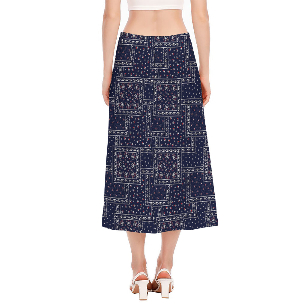 Blue Floral Patchwork Pattern Print Side Slit Midi Skirt