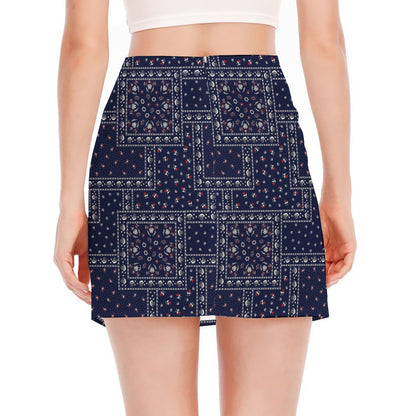 Blue Floral Patchwork Pattern Print Side Slit Mini Skirt