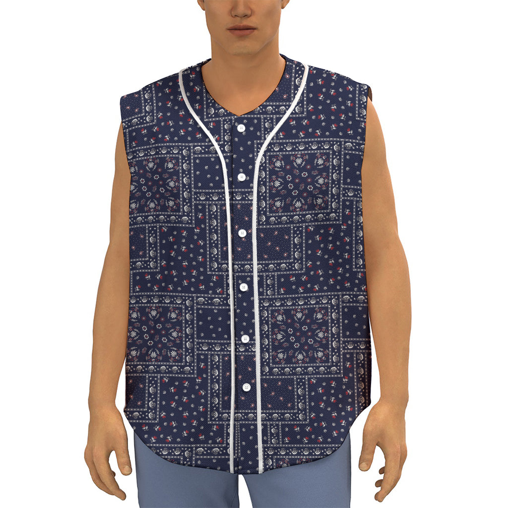 Blue Floral Patchwork Pattern Print Sleeveless Baseball Jersey