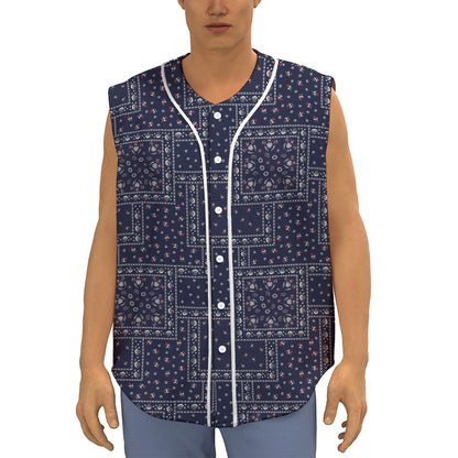 Blue Floral Patchwork Pattern Print Sleeveless Baseball Jersey