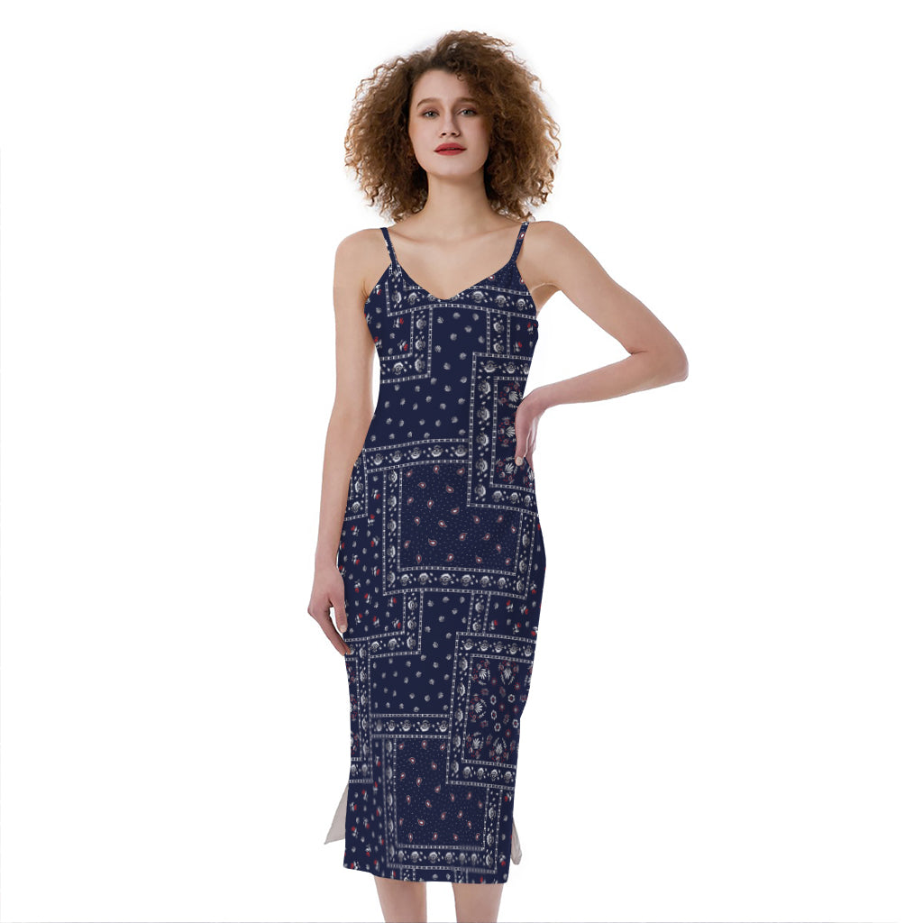 Blue Floral Patchwork Pattern Print Slim Fit Midi Cami Dress