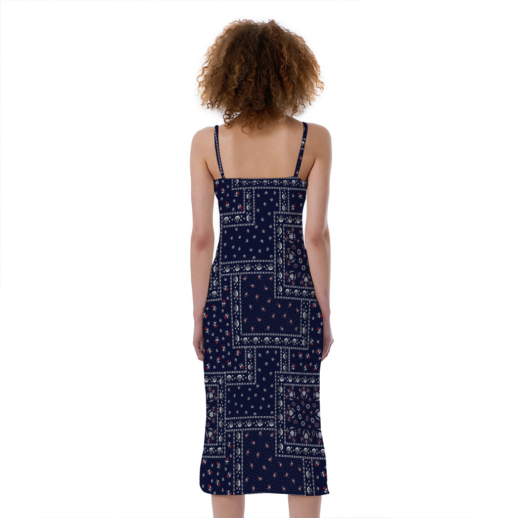 Blue Floral Patchwork Pattern Print Slim Fit Midi Cami Dress
