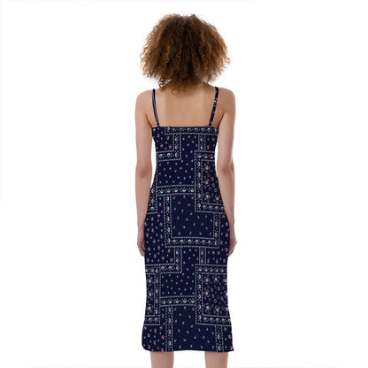 Blue Floral Patchwork Pattern Print Slim Fit Midi Cami Dress