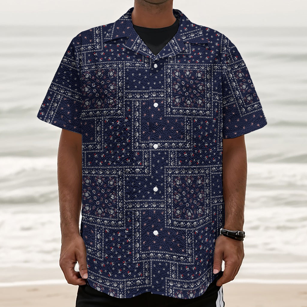 Blue Floral Patchwork Pattern Print Textured Short Sleeve Shirt