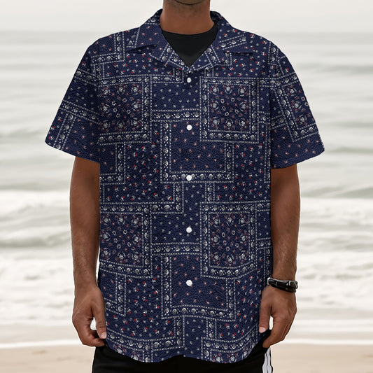 Blue Floral Patchwork Pattern Print Textured Short Sleeve Shirt