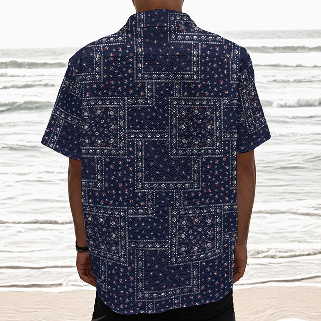 Blue Floral Patchwork Pattern Print Textured Short Sleeve Shirt