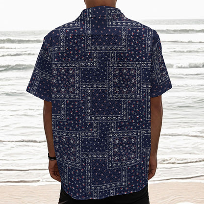 Blue Floral Patchwork Pattern Print Textured Short Sleeve Shirt