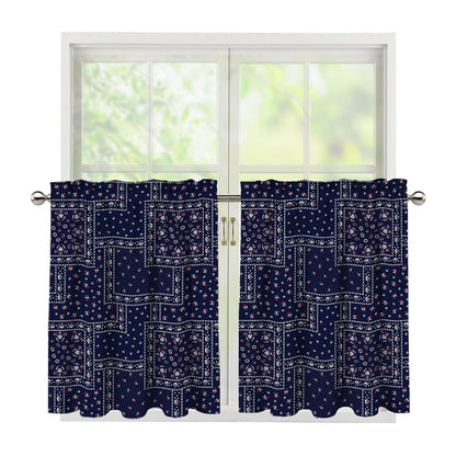 Blue Floral Patchwork Pattern Print Tier Curtains