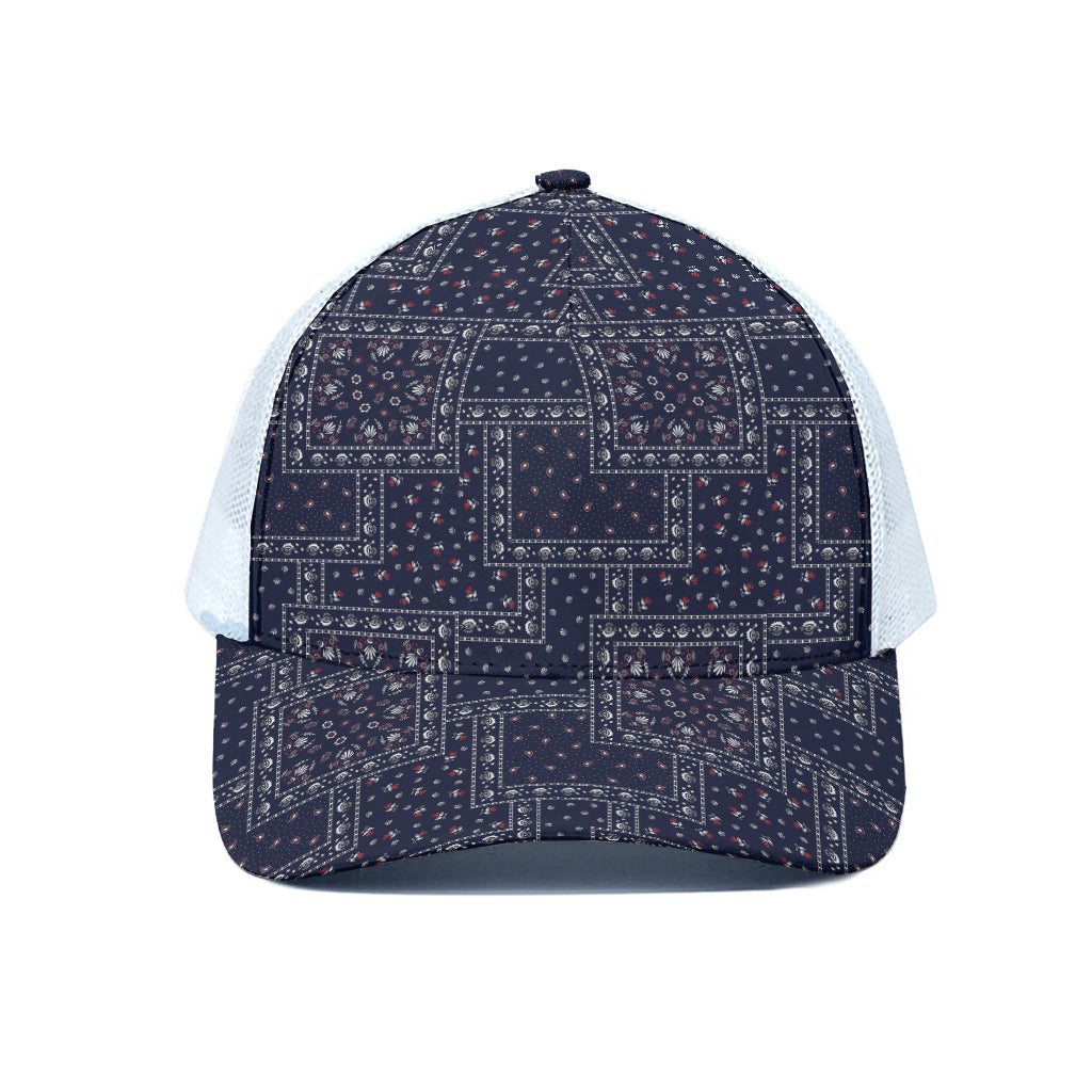 Blue Floral Patchwork Pattern Print White Mesh Trucker Cap