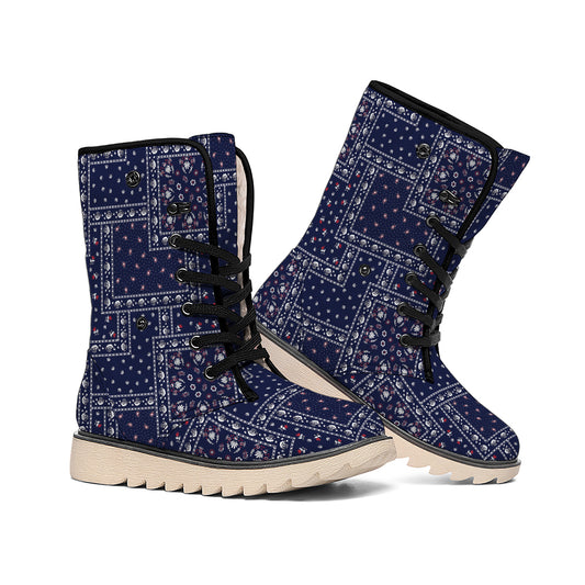 Blue Floral Patchwork Pattern Print Winter Boots