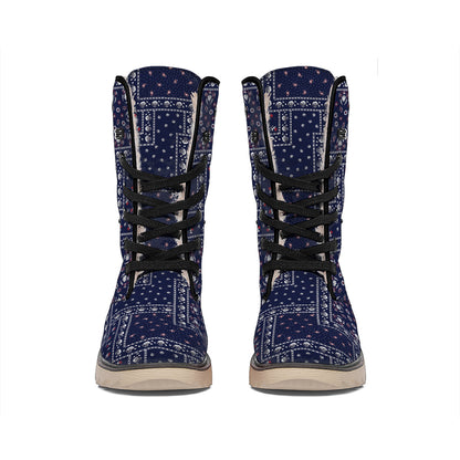 Blue Floral Patchwork Pattern Print Winter Boots