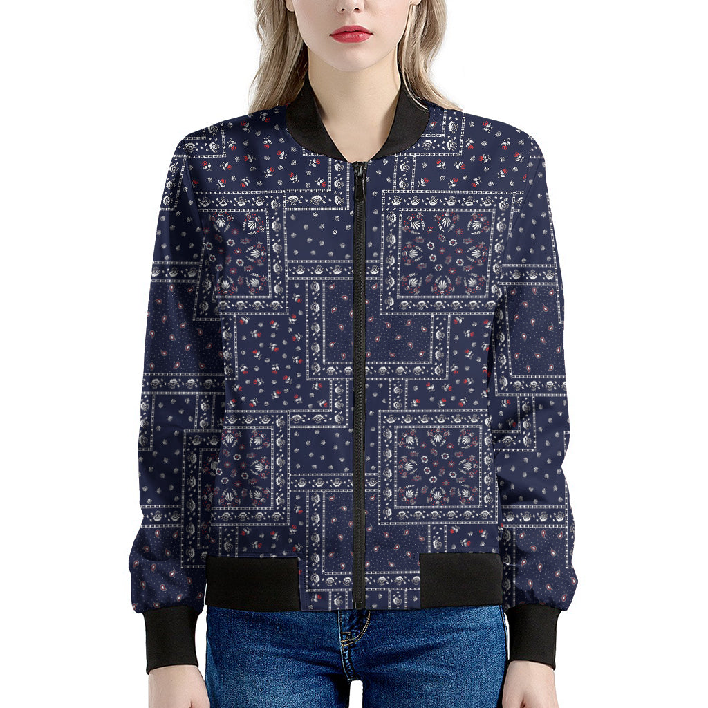 Blue Floral Patchwork Pattern Print Women's Bomber Jacket