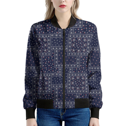 Blue Floral Patchwork Pattern Print Women's Bomber Jacket
