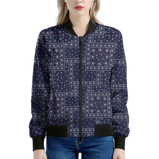 Blue Floral Patchwork Pattern Print Women's Bomber Jacket