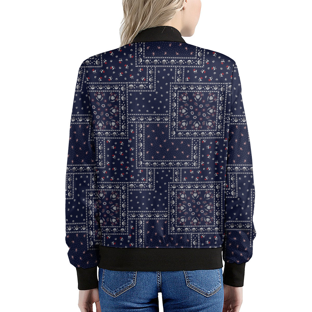Blue Floral Patchwork Pattern Print Women's Bomber Jacket