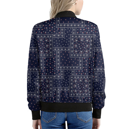 Blue Floral Patchwork Pattern Print Women's Bomber Jacket