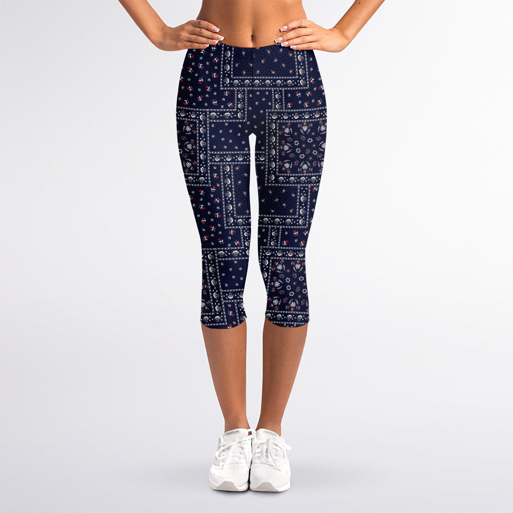 Blue Floral Patchwork Pattern Print Women's Capri Leggings