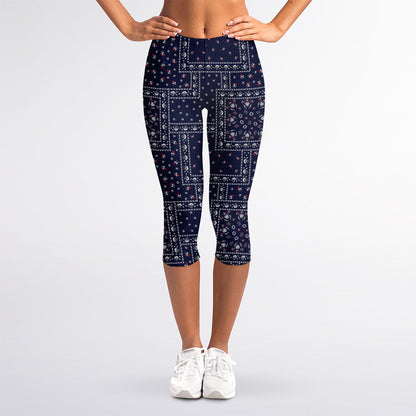 Blue Floral Patchwork Pattern Print Women's Capri Leggings