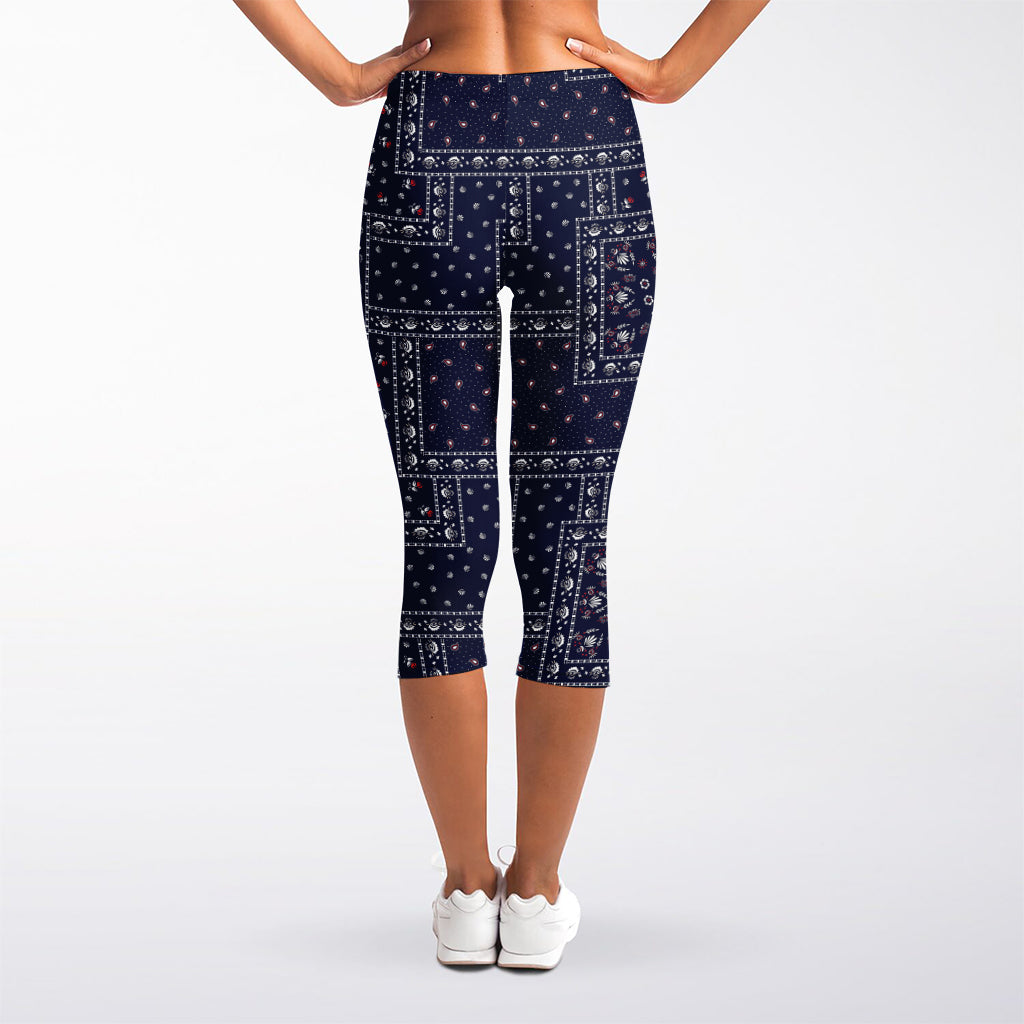 Blue Floral Patchwork Pattern Print Women's Capri Leggings