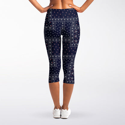 Blue Floral Patchwork Pattern Print Women's Capri Leggings