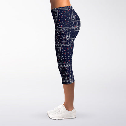 Blue Floral Patchwork Pattern Print Women's Capri Leggings
