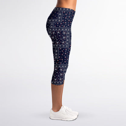 Blue Floral Patchwork Pattern Print Women's Capri Leggings