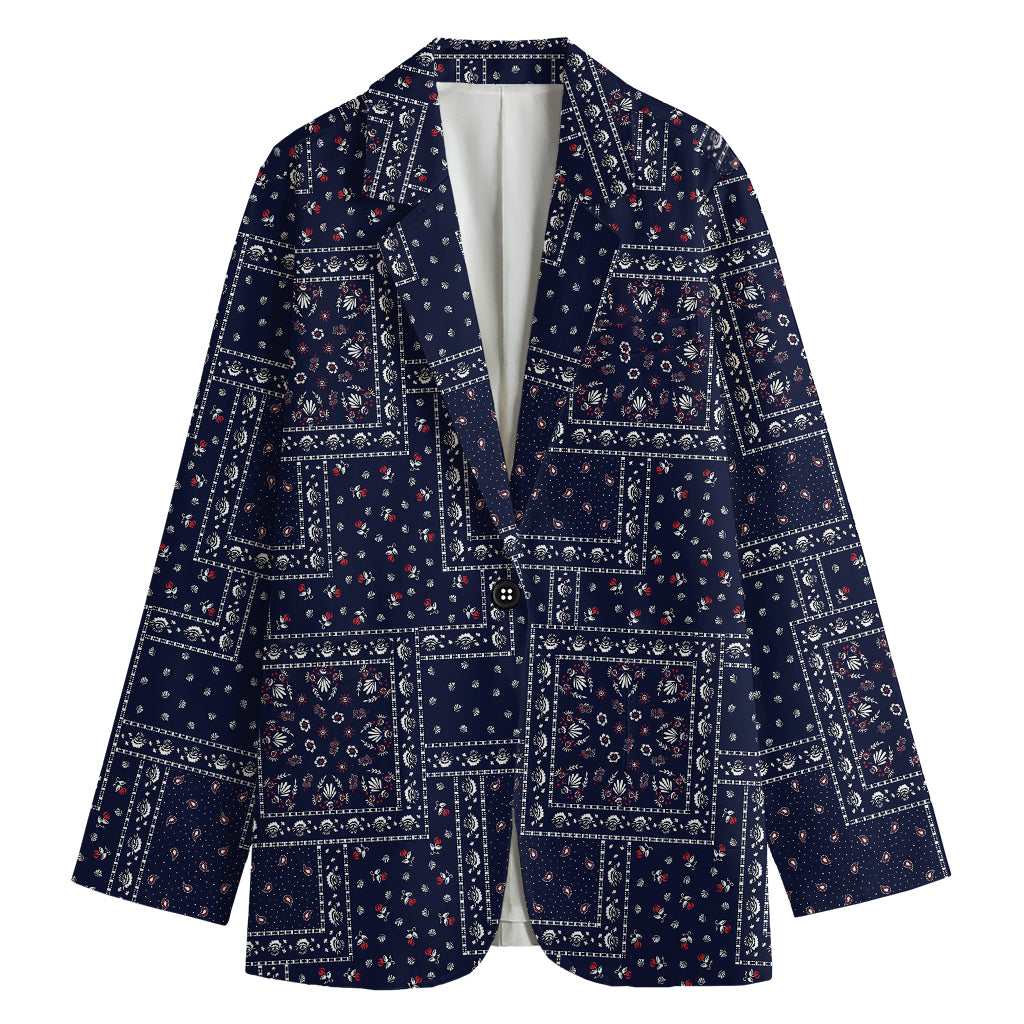 Blue Floral Patchwork Pattern Print Women's Cotton Blazer