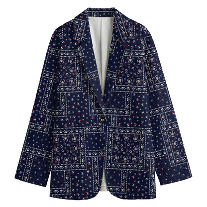 Blue Floral Patchwork Pattern Print Women's Cotton Blazer