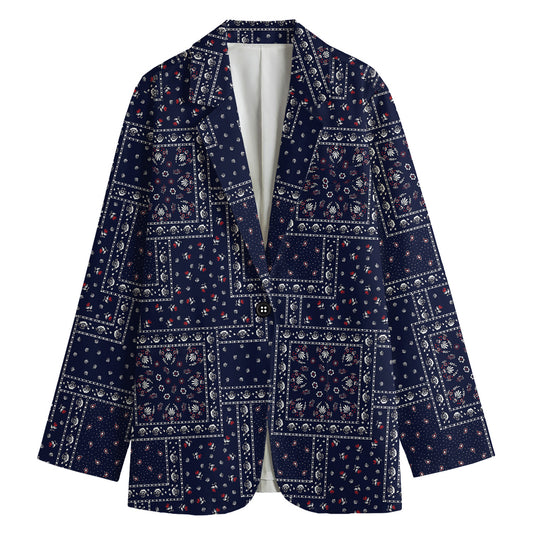 Blue Floral Patchwork Pattern Print Women's Cotton Blazer