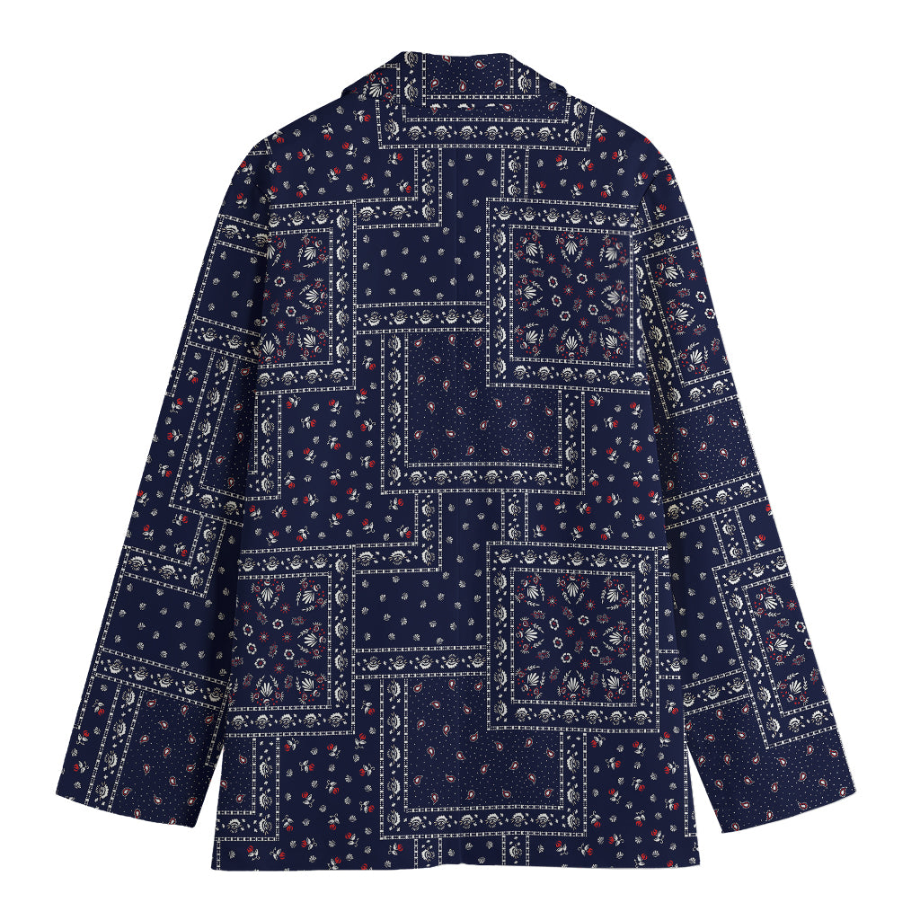 Blue Floral Patchwork Pattern Print Women's Cotton Blazer