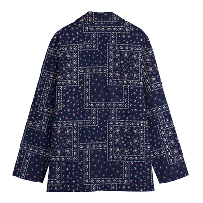 Blue Floral Patchwork Pattern Print Women's Cotton Blazer