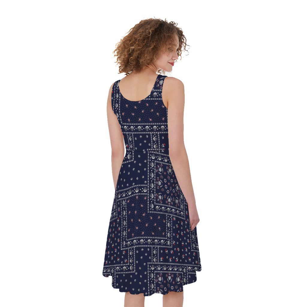 Blue Floral Patchwork Pattern Print Women's Sleeveless Dress
