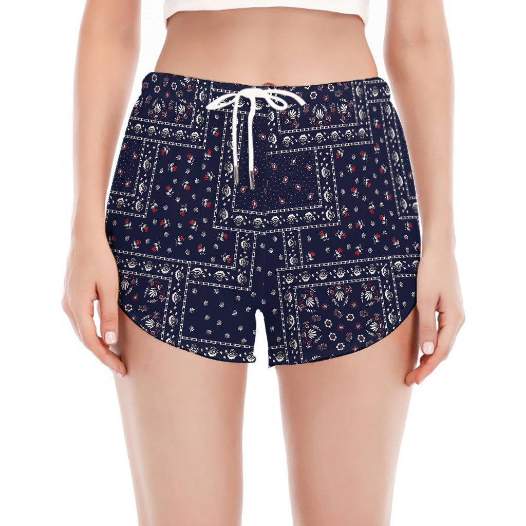 Blue Floral Patchwork Pattern Print Women's Split Running Shorts