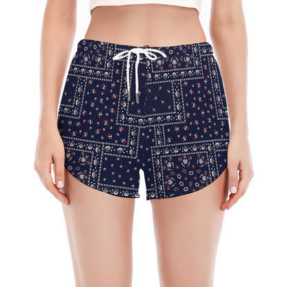 Blue Floral Patchwork Pattern Print Women's Split Running Shorts