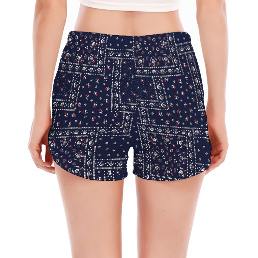 Blue Floral Patchwork Pattern Print Women's Split Running Shorts