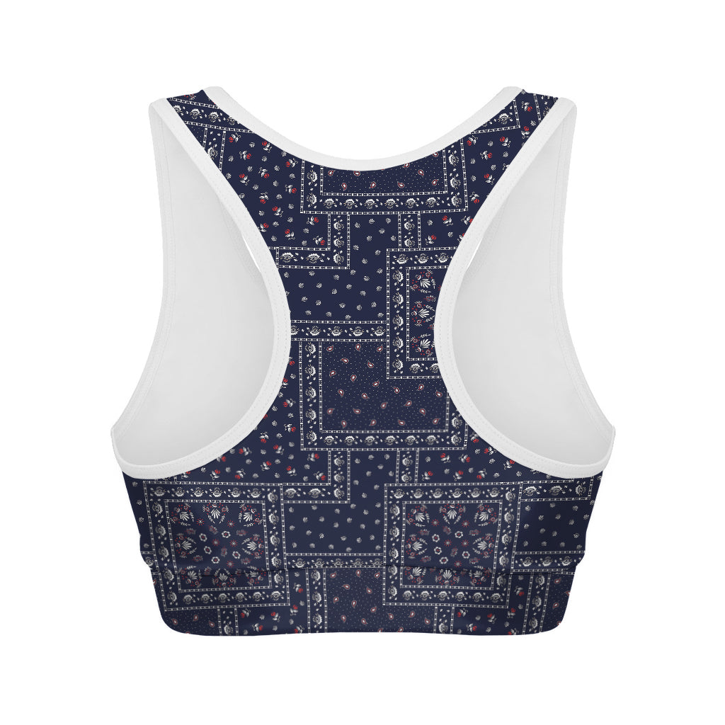 Blue Floral Patchwork Pattern Print Women's Sports Bra