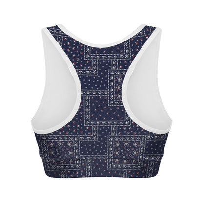 Blue Floral Patchwork Pattern Print Women's Sports Bra